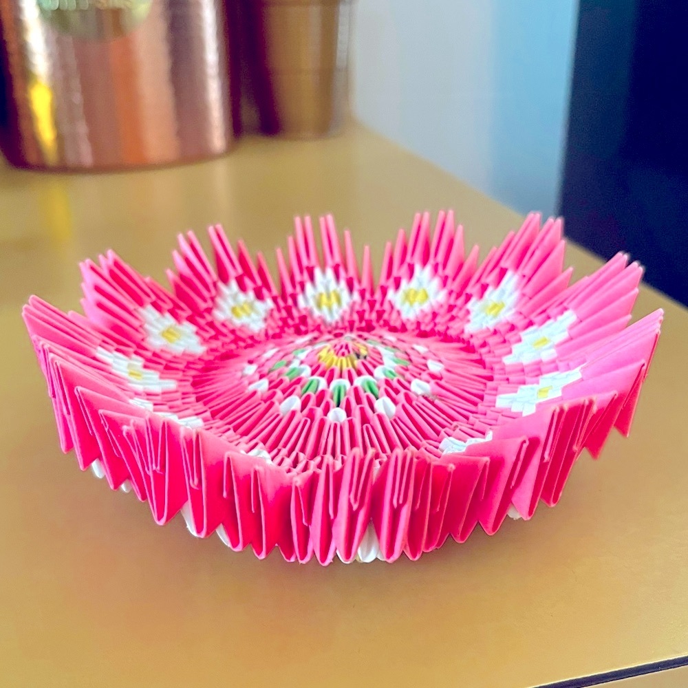 Handmade 3D Origami Decorative Bowl Pink Floral Paper Art | Excellent Condition
